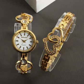 Женские Часы-браслет, 2 предмета, Модные Блестящие женские Наручные Часы, Роскошное Золотое Женское Платье, Кварцевые Часы, Маленькие Часы С Подарочной Коробкой