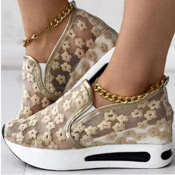 Женские кроссовки с цветочной вышивкой, Сетчатые кроссовки для женщин, Повседневная Удобная женская обувь на каблуке