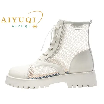 Женские летние ботинки AIYUQI Cool Из натуральной кожи, женские ботинки Marton с дырочками в сетке в британском стиле, женские сетчатые ботинки на толстом каблуке, женские