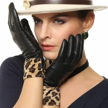 Женские перчатки из натуральной кожи, модные женские леопардовые перчатки из овчины на запястье, осень-зима, с бархатной подкладкой L127NC-1