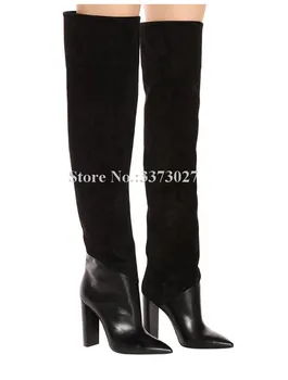 Женские черные кожаные замшевые ботфорты выше колена, модные женские длинные сапоги с острым носком на не сужающемся книзу массивном каблуке, Новые пикантные зимние ботинки большого размера