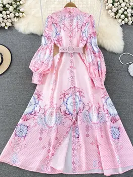 Женское весенне-осеннее новое винтажное праздничное платье с длинными рукавами и воротником-стойкой, однобортное платье трапециевидной формы с принтом 2022 года