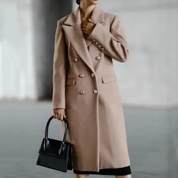 Женское двубортное Свободное шерстяное пальто с воротником-лацканом и длинными рукавами, Однотонное женское повседневное зимнее пальто длины миди большого размера