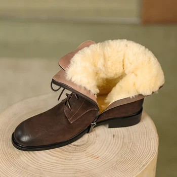 Зимняя обувь из воловьей кожи, Женские Ботильоны из натуральной шерсти, Botas Mujer, Женские Ботинки ScarpeLadies, Высококачественная Женская обувь Винтажного Цвета