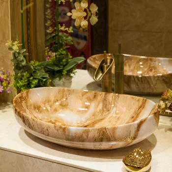 Имитация Мрамора Фарфоровый Материал Золотые Слитки Форма Художественная Керамическая Раковина для ванной