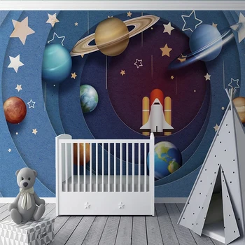 Индивидуальные Космические Планеты Звезда Ракета 3D Обои Фреска Для Детской Комнаты Гостиная Диван ТВ Фон Стены Домашнего Декора 3D Фреска