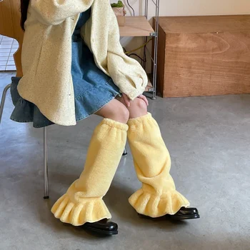 Кавайные гетры для женщин в стиле японской Лолиты, Милый костюм для Косплея, Пушистые плюшевые носки в стиле Харадзюку с бантом, зимние теплые носки с оборками для девочек