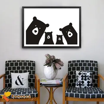 Картина на холсте с изображением семьи милых медведей из мультфильма, Черно-белый Плакат с животными и принтом, настенная картина в скандинавском стиле для декора детской комнаты