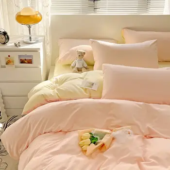 Комплект постельного белья из постиранного хлопка японского светло-кремового цвета в стиле фэншуй из четырех предметов с подходящим по цвету стеганым одеялом, комплект простыней из трех предметов