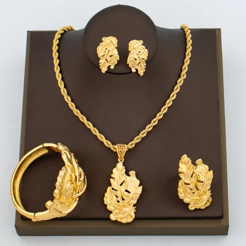 Комплект ювелирных изделий Африканского золотого цвета для женщин, колье-цепочка с романтическим дизайном в виде Розы, серьги с браслетом и кольцом, ювелирные изделия в Богемном стиле