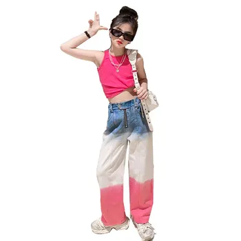Комплекты для девочек-подростков, летний повседневный спортивный костюм для детей от 4 до 14 лет, школьная детская одежда, жилет + джинсы с высокой талией, корейские костюмы