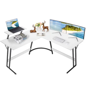 Компьютерный стол Vineego L-образной формы, Современный угловой письменный стол с небольшим столиком, белый/коричневый/ черный опционально