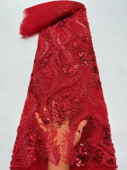 Красная Роскошная Африканская Кружевная ткань с блестками и бисером 2023, Высококачественная Кружевная ткань для Жениха, Нигерийская свадьба, Вышивка для Новобрачных, Французский Тюль, Шитье