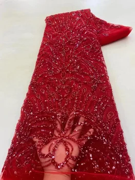 Красная Свадебная Кружевная Ткань, Новая Высококачественная Вышивка, Французское Тюлевое Кружево, Нигерийская Кружевная Ткань С Блестками и Бисером Для Вечернего Платья