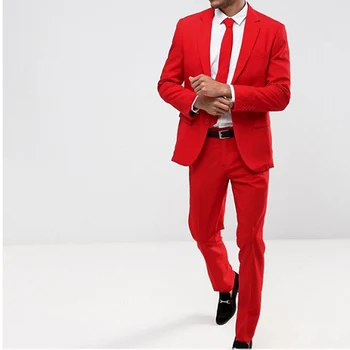 Красные вечерние мужские костюмы для выпускного вечера, 2 предмета, Свадебные Смокинги для Жениха, мужской Модный костюм, Комплект Куртка с брюками
