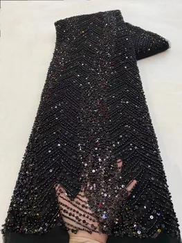 Кружевная ткань с нигерийскими блестками, сетка из бисера 2023, Высококачественная африканская тюлевая кружевная ткань с вышивкой бисером для шитья свадебных платьев