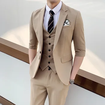(Куртка + жилет + брюки), летний костюм джентльмена в английском стиле с коротким рукавом, мужской Свадебный деловой повседневный Свадебный костюм