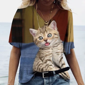 Летний Хлопковый Повседневный Пуловер с 3D принтом Кавайного Кота и V-образным вырезом, Топы в стиле Харадзюку, Одежда для девочек, Футболки, Женская футболка