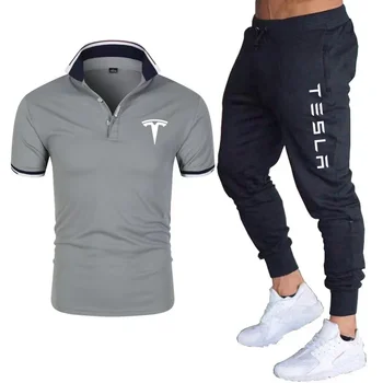 Летний модный мужской спортивный костюм TESLA, Рубашка Поло с принтом, мужская тонкая футболка на пуговицах, спортивная одежда для бега, комплект из двух предметов
