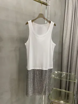 Майка с пайетками, длинный подол юбки, дизайн с разрезом, повседневная мода 2023, летняя новинка