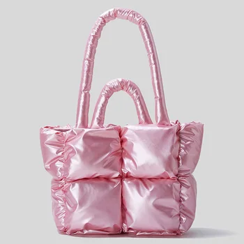 Модная сумка-тоут с лазерной подкладкой, Дизайнерские Стеганые женские сумки, Роскошные Нейлоновые Хлопчатобумажные сумки на плечо, Большая Металлическая Сумочка для покупок