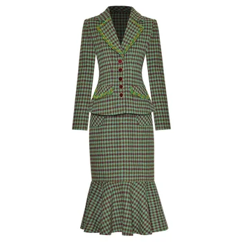 Модное весеннее Женское пальто в зеленую клетку с длинным рукавом и принтом 