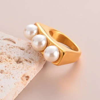 Модное кольцо с имитацией жемчуга, ювелирные изделия из нержавеющей Стали, Золотое Геометрическое Новое кольцо на палец для женщин, подарок для вечеринки