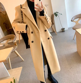Модное осенне-зимнее шерстяное пальто Женское двубортное Свободное шерстяное пальто X-long