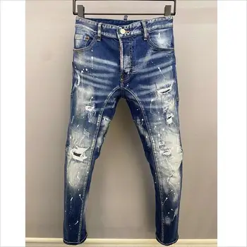 Модные Мужские Повседневные Джинсы с дырочками, окрашенные распылением, Модные Брюки из джинсовой ткани для Хай-стрит A603