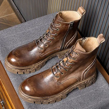 Модные Мужские ботинки для верховой езды в британском винтажном стиле с резьбой на подошве, Крутая Мужская Зимняя рабочая обувь из натуральной кожи с верхним слоем из воловьей кожи