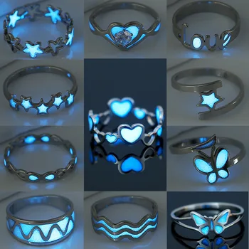 Модные кольца с синими сердечками для женщин, креативное светящееся кольцо с пентаграммой, персонализированные вечерние украшения с бабочками, аксессуары
