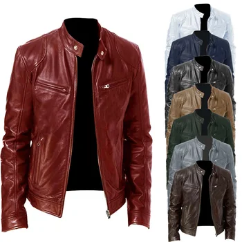 Мужская кожаная куртка в стиле Ретро, мотоциклетная куртка со стоячим воротником, байкерское пальто на молнии, приталенная верхняя одежда, верхняя куртка, пальто