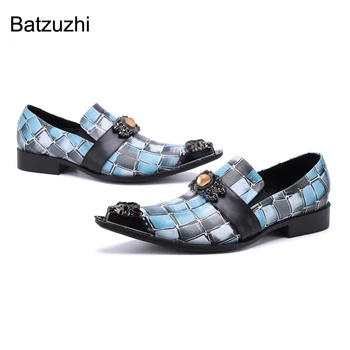 Мужская обувь Batzuzhi, Новинка 2023 года, Синие Модельные туфли из натуральной кожи, Мужские Официальные Деловые Кожаные туфли для мужчин, Вечерние и свадебные, 38-46