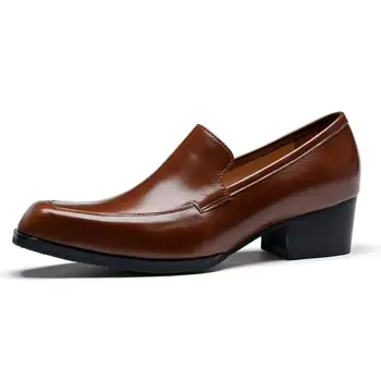 Мужская обувь без шнуровки с квадратным носком, Увеличивающая рост, Деловые Рабочие Модельные туфли из натуральной кожи, Мужские свадебные туфли на каблуке, Черный, Коричневый 2023