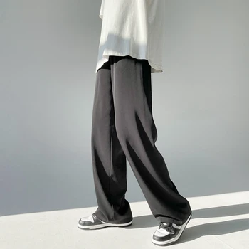 Мужские шелковые брюки со льдом, летняя тонкая корейская версия повседневных брюк для уборки, свободные прямые широкие брюки, черный, белый, серый, синий