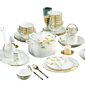 Набор посуды из Цзиндэчжэньского костяного фарфора, миска и блюдо для домашнего освещения, Роскошная подарочная миска и тарелка высокого класса на новоселье