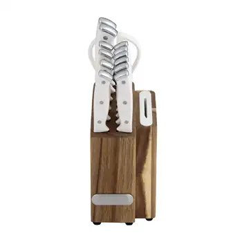 Набор тонких ножей из акации с тройными заклепками и встроенной точилкой из 14 предметов белого цвета