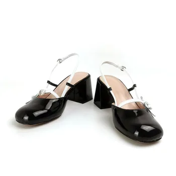 Новая Женская обувь Mary Janes; Летние Туфли-лодочки с открытой спиной; Модные Zapatos Mujer на Массивном Каблуке с круглым Носком; Черные Туфли-лодочки из лакированной кожи