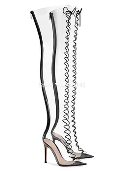 Новейшие Женские сапоги-гладиаторы из прозрачного ПВХ с открытым носком и острым носком на шпильке, прозрачные Сапоги на высоком каблуке на шнуровке