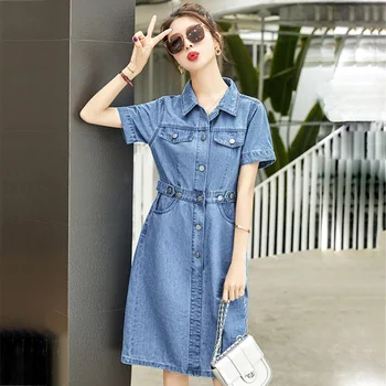 Новое женское джинсовое платье летней моды, простое однобортное джинсовое платье с коротким рукавом, повседневное однотонное синее платье с отложным воротником