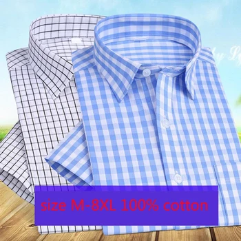 Новое поступление, мужские свободные рубашки в полоску из чистого хлопка с короткими рукавами большого размера, повседневные модные рубашки в клетку, большие размеры M-8XL