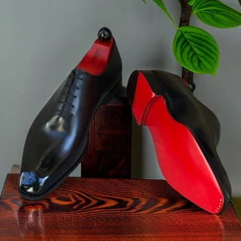 Новые Мужские оксфорды на красной подошве, черные деловые мужские официальные туфли на шнуровке с круглым носком, Размер 38-46, Бесплатная доставка