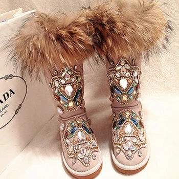 Новые зимние женские ботинки из натурального меха со стразами Ручной работы, теплые ботильоны на плоской подошве из натуральной кожи, удобная повседневная женская обувь