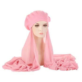 Однотонный Хиджаб, Шифоновый шарф, Мусульманские стрейчевые шапки-тюрбаны, Новый дышащий головной платок, Капор, Уличный теплый женский берет с защитой от холода