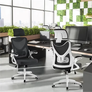 Офисное кресло SMILE MART из эргономичной сетки с высокой спинкой и регулируемым мягким подголовником, белое/черное офисное кресло