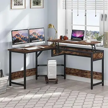 Письменный стол с подъемной столешницей, современный угловой компьютерный стол с полками для хранения, регулируемый по высоте письменный стол в деревенском стиле