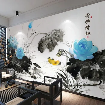 Пользовательские Фотообои Китайский Стиль 3D Художественная концепция Красочные Чернила Пейзаж Лотоса Фреска Гостиная Телевизор Диван 3D Домашний Декор