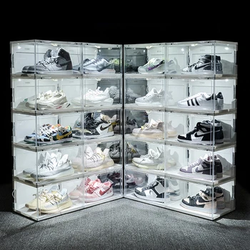 Прозрачная Светодиодная коробка для обуви AJ, Кроссовки, Высокие топы, Органайзер, Коробка для обуви с голосовым управлением, Штабелируемая коллекция футбольной обуви, Стеллаж для выставки товаров
