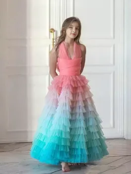 Разноцветные тюлевые кружевные платья Принцессы с цветочным узором для девочек, Свадебная вечеринка, бал, платья для Первого причастия, подарок на День рождения