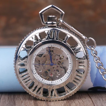 Роскошные Серебряные полые карманные часы с прямым дисплеем в Римском стиле, Автоматические механические карманные часы для мужчин и джентльменов, лучший аксессуар, часы